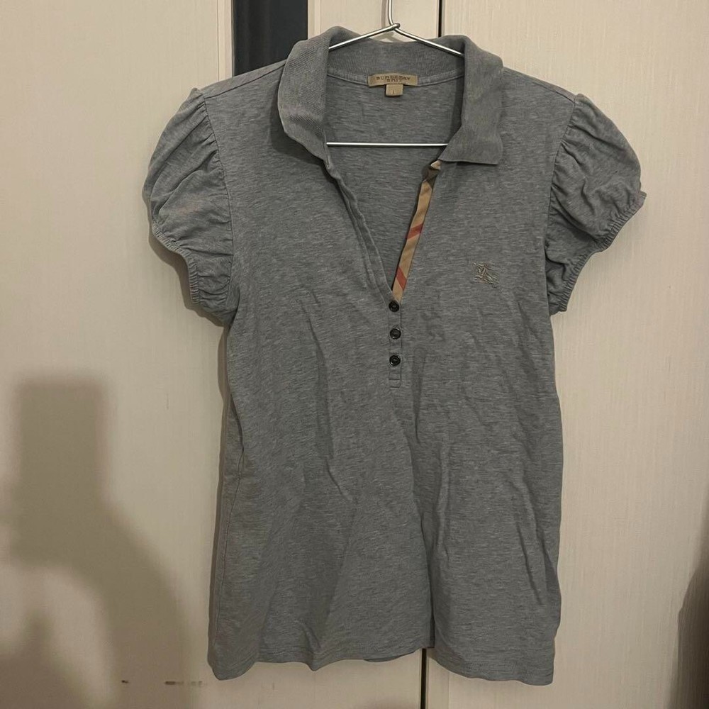 BURBERRY Puff Sleeve Tops T-shirt Gray V-neck Button Women Size L Used