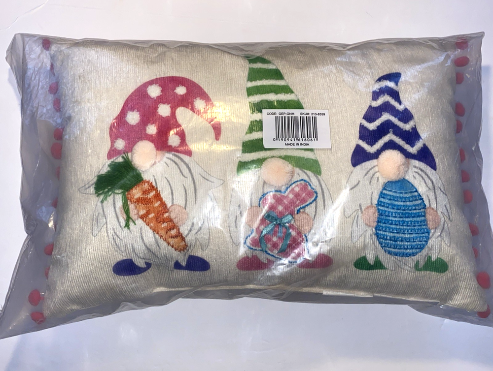 Gnome Sweet Gnome Easter Embroidered Pillow with Pom Pom Trim🍄17