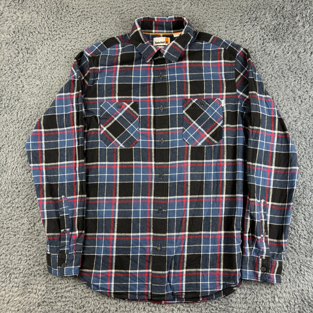 Timberland Flannel Overshirt Men Large Blue Check Plaid Workwear Chore Button Up