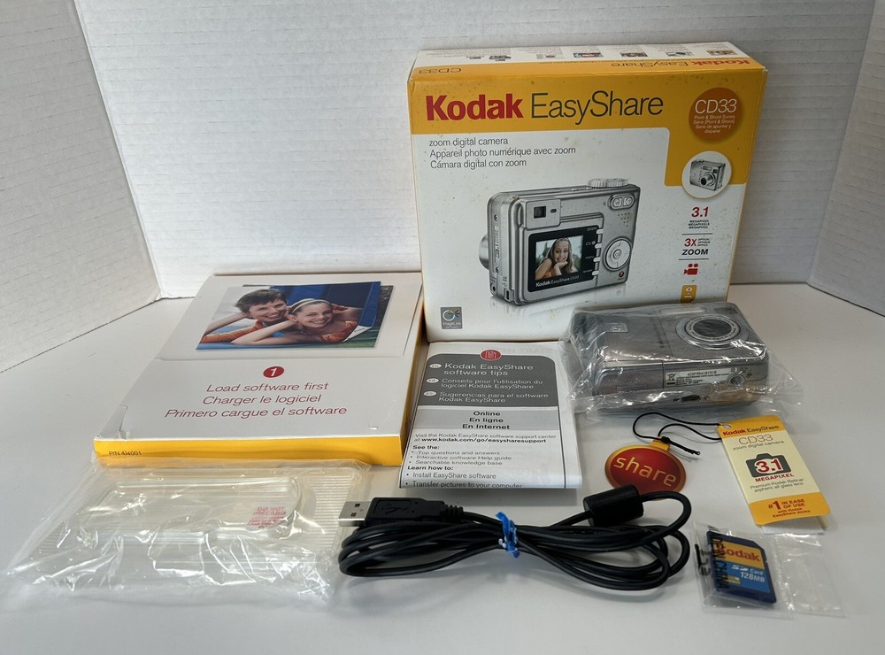 Kodak Easy Share Digital Camera CD33 Silver w Box, Stand, USB Cord - PARTS ONLY