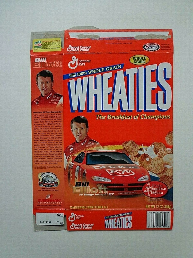 Three Collectible Bill Elliott Commemorative Cereal Boxes Perfect for Fans