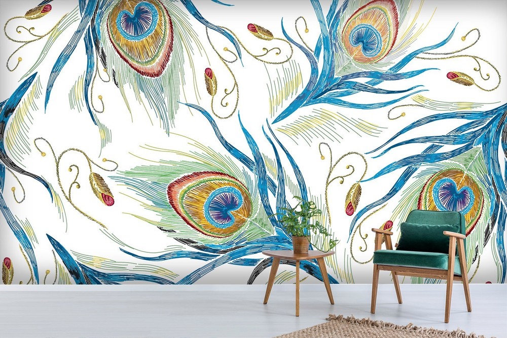 3D Peacock Feathers Watercolor Wall Murals Wallpaper Murals Wall Sticker