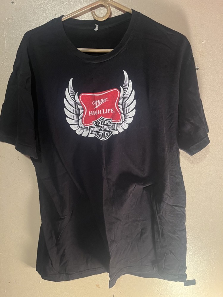Vintage Harley Davidson Miller Highlife Logo Graphic Black T Shirt Large
