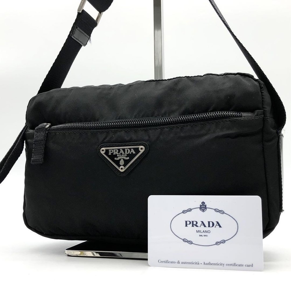 Prada Black Nylon Shoulder Bag with Triangle Logo Plate Made in Japan