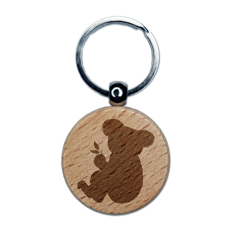 Koala Wood Keychain with Leaf Engraving - Round Charm Tag