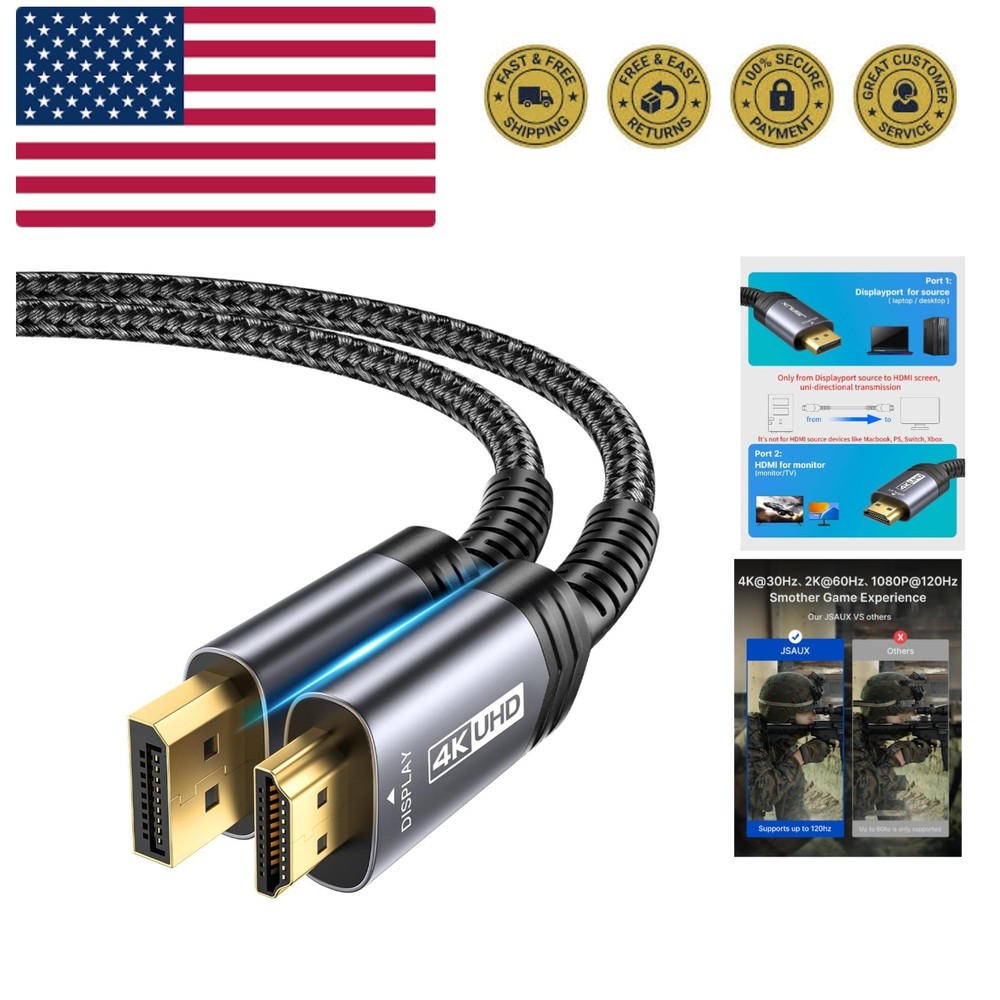 4K DisplayPort to HDMI Cable Adapter 10FT, DP to HDMI Male Video UHD 4K@30Hz/...