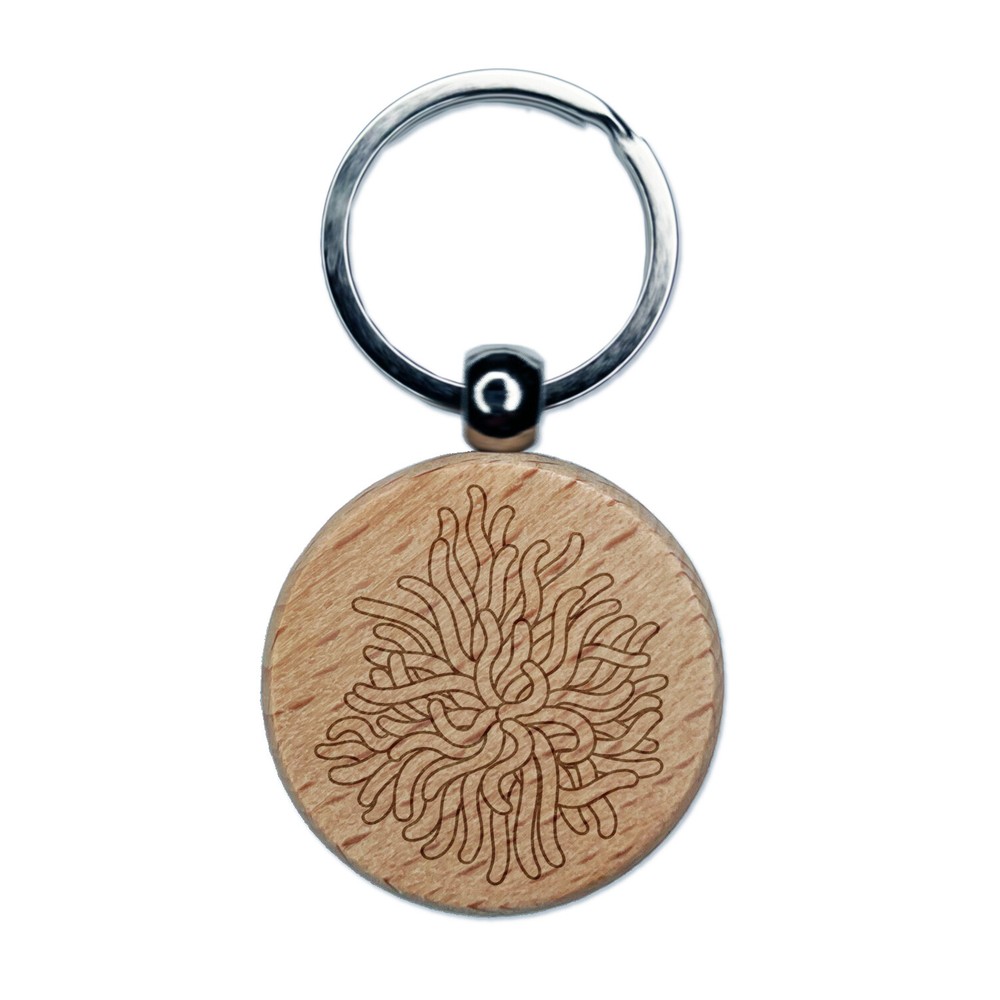 Ocean Life Sea Anemone Engraved Wooden Keychain Charm Tag