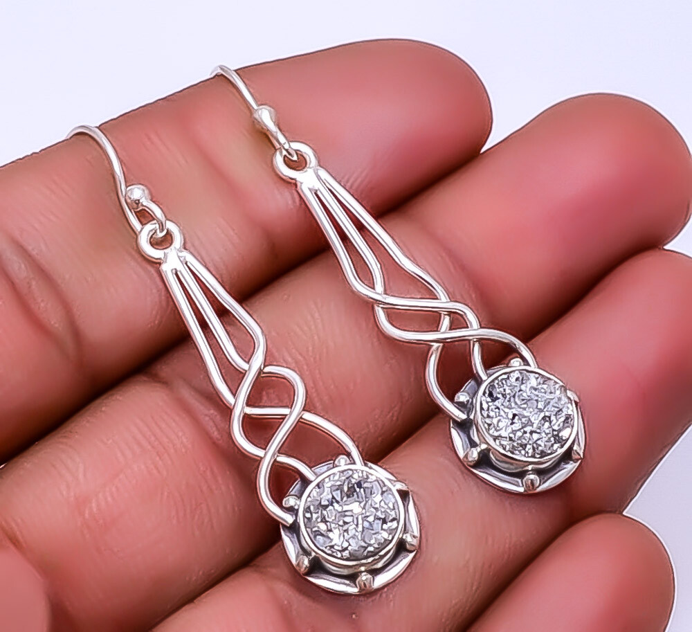 Silver Titanium Agate Drusy Designer 925 Sterling Silver Earring 2.03