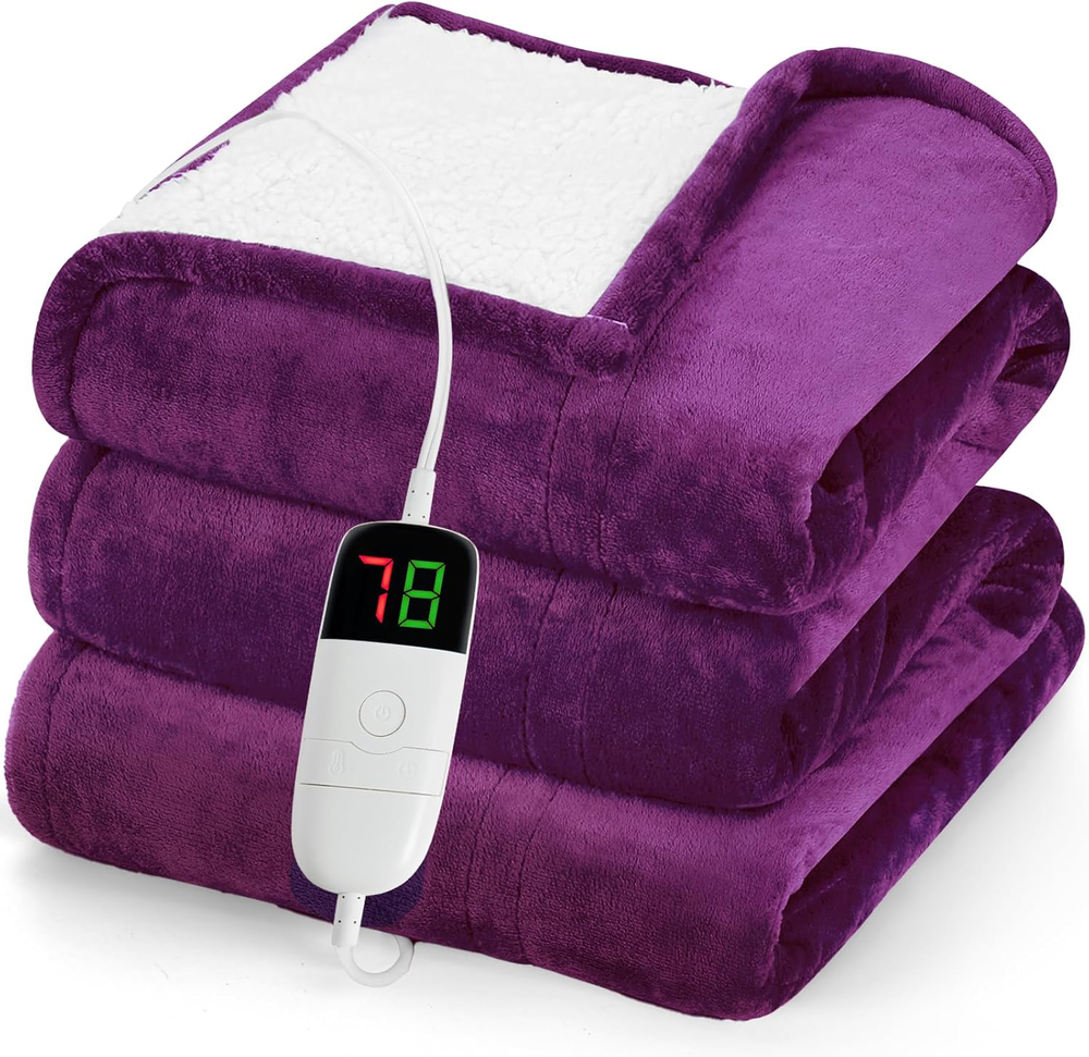 50x60 Electric Heated Flannel Blanket with 10 Heat Settings & Auto-Off in Purple