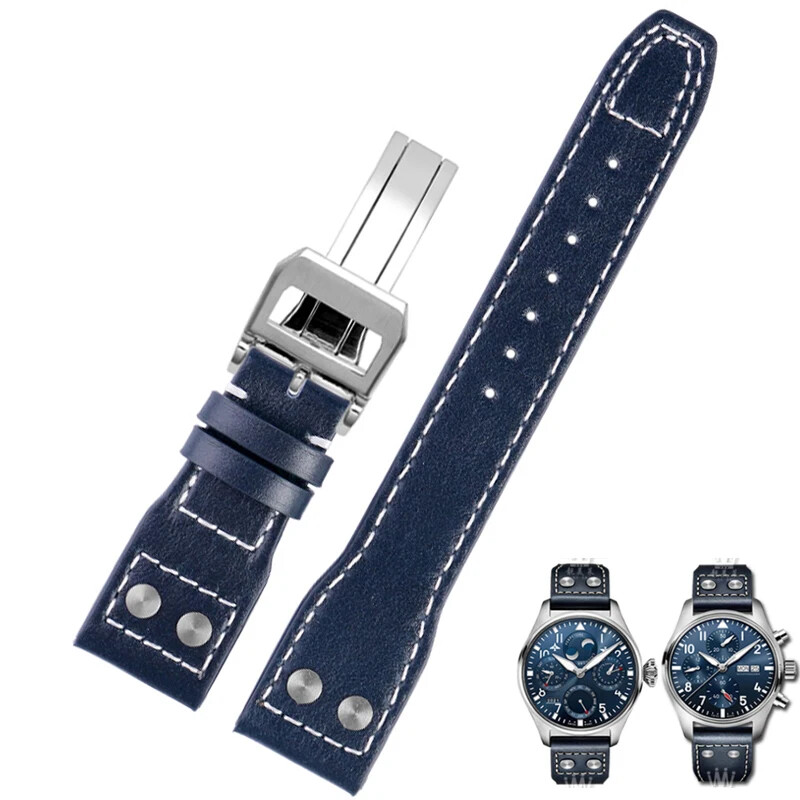 Leather Watch Strap for IWC Big Pilot Mark 18 21mm 22mm Blue Black Willow Nail