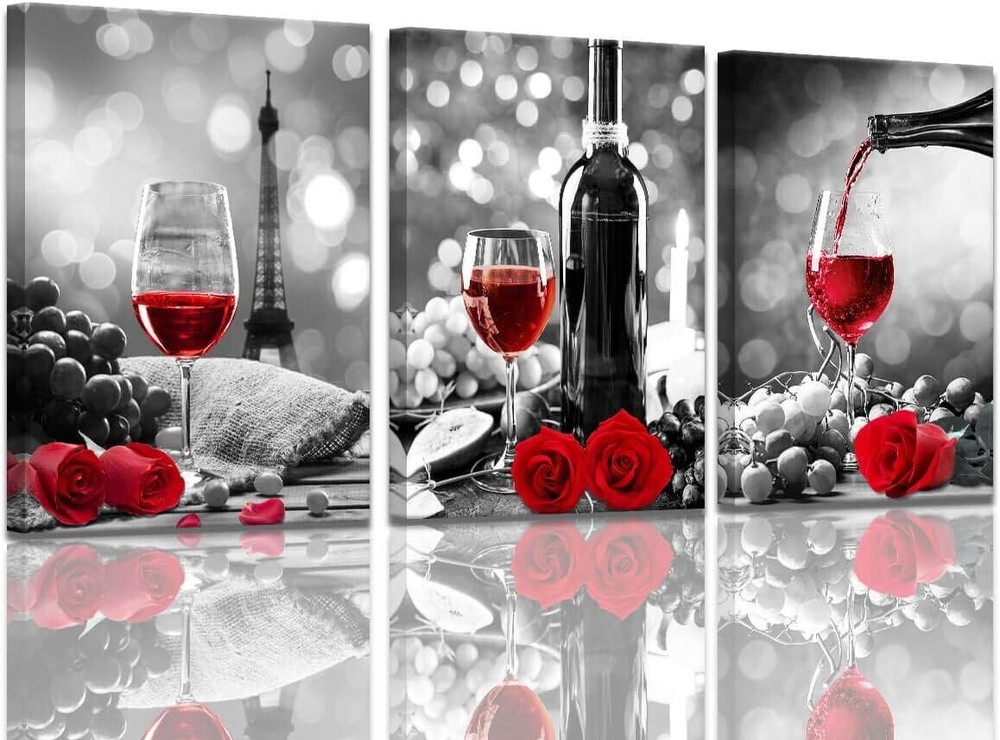3PC Wine Decor Kitchen Canvas Art Red Wine Rose Artwork Home Walls Black & White