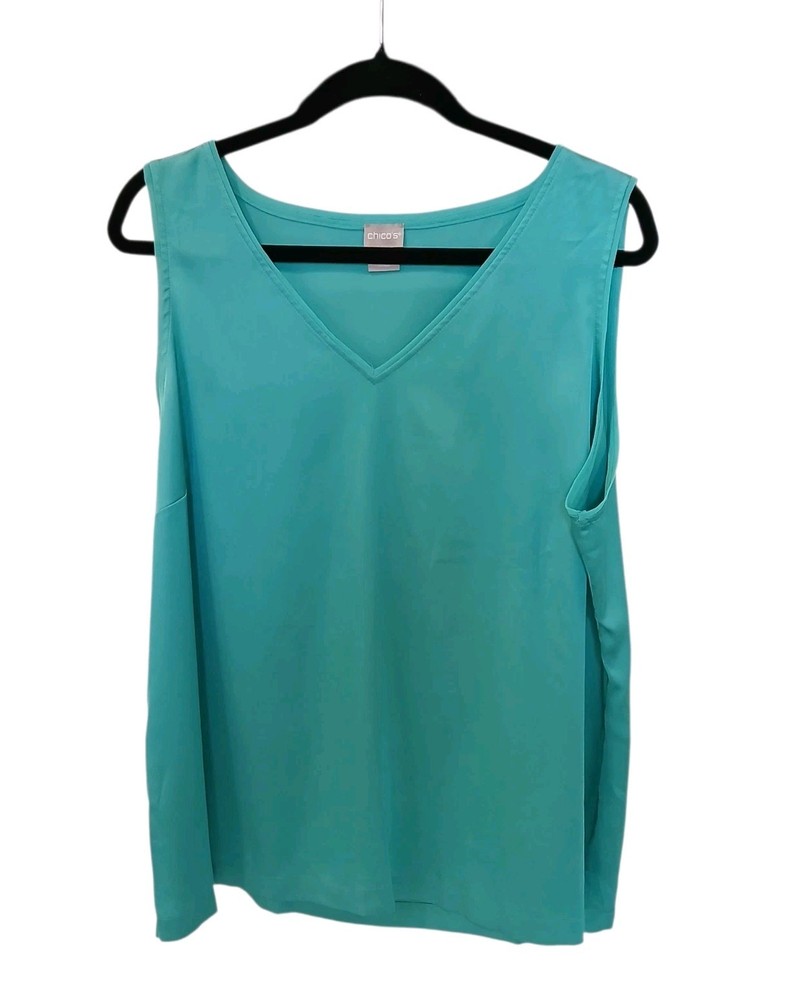 Chico’s Size 3 (16/18) Aqua Green Satin V-Neck Layering Tank Excellent Stretch