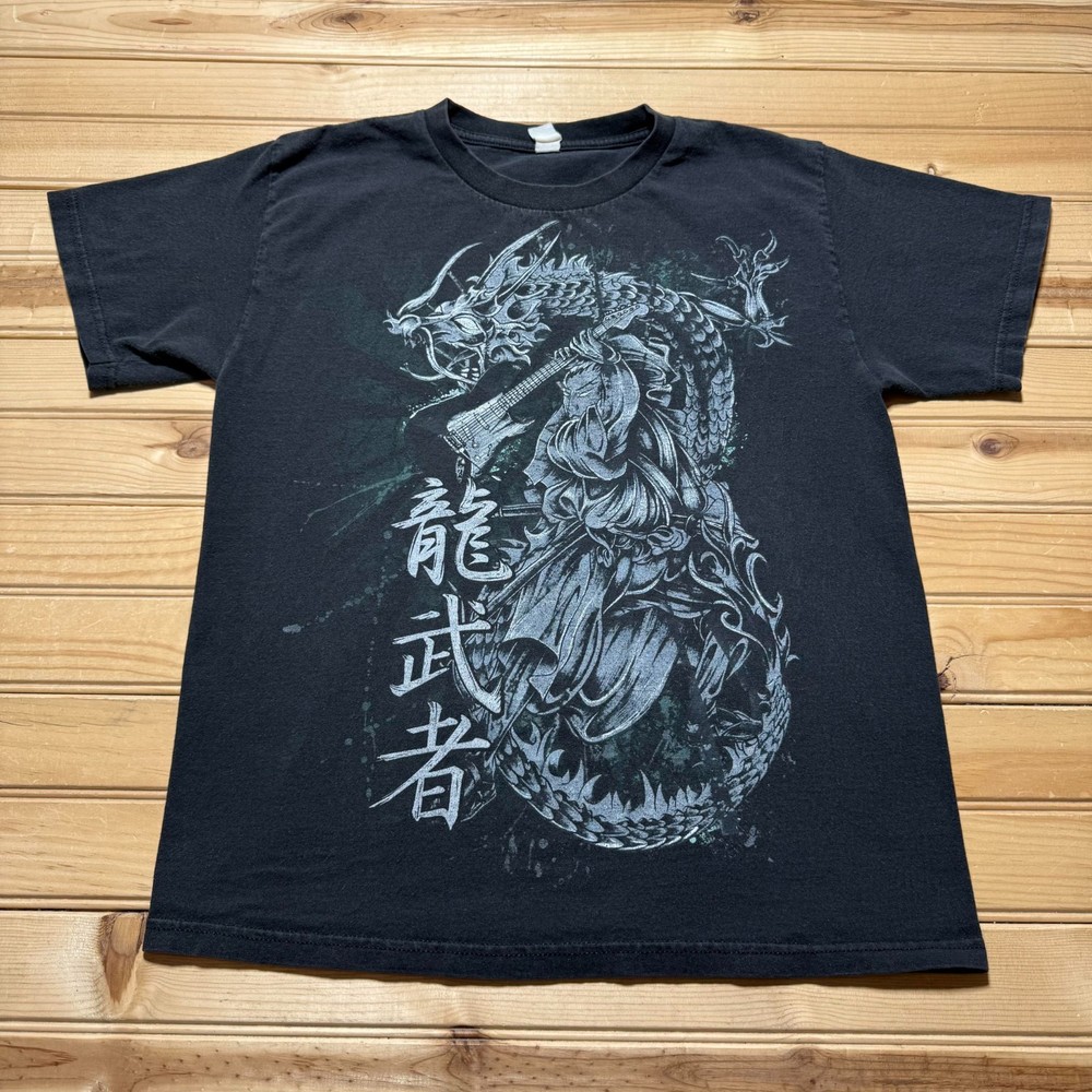 Guitar Samurai Dragon Warrior Japanese Anime Style Graphic T-Shirt - Size Medium