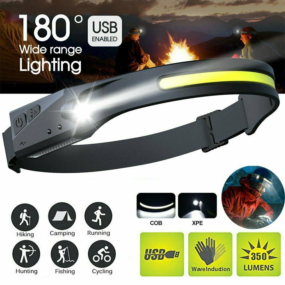 COB LED Headlamp USB Charging Headlight Torch Work Light Bar Head Band Lamp