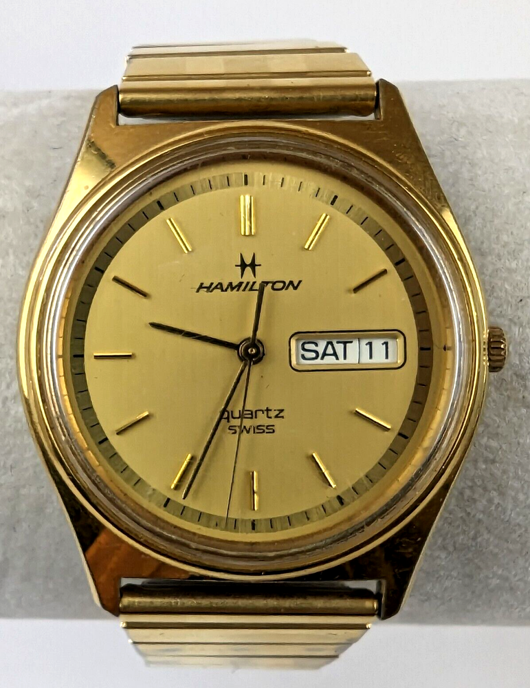 HAMILTON Champagne 9956 Swiss Made Quartz Gold Plate Day Date Men's Watch WORKS!
