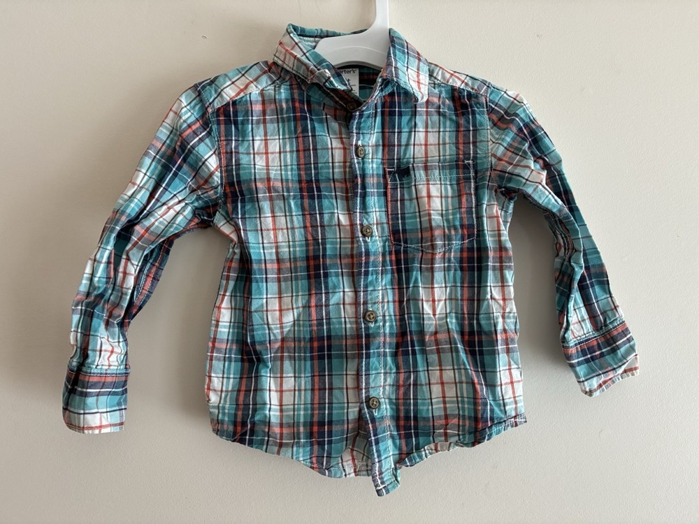 Carters Toddler Boy Plaid 100% Cotton Button-Up Pocket Long Sleeve Shirt Blue 2T