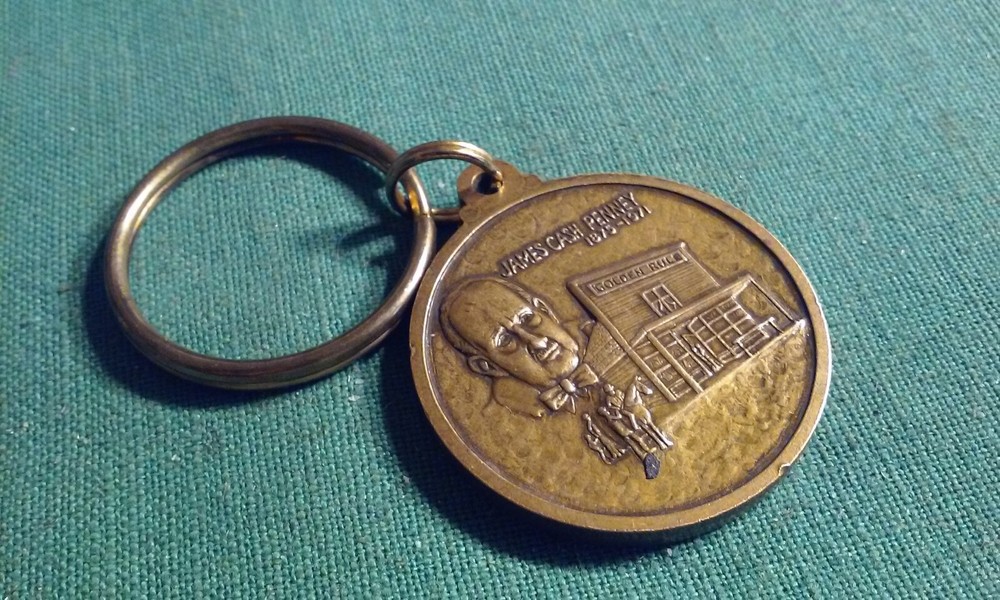 Vintage James Cash JC Penney Golden Rule Award Brass Keychain Key Ring Fob Brass