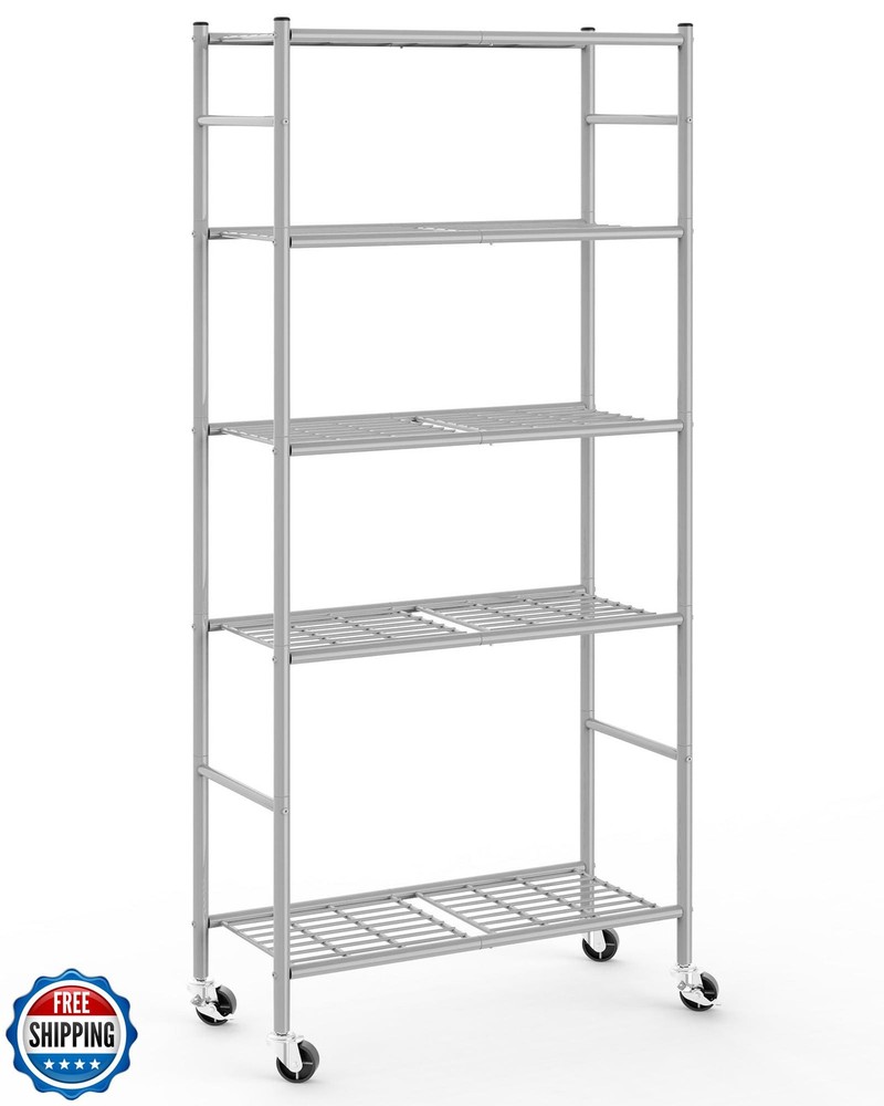 5-Tier Sakugi Metal Storage Shelf Organizer with Wheels for Home or Office