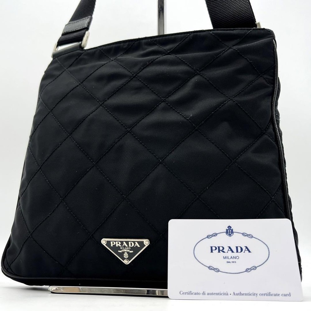 Prada Quilted Nylon Shoulder Bag with Triangle Logo in Black Luxury Pre-Owned
