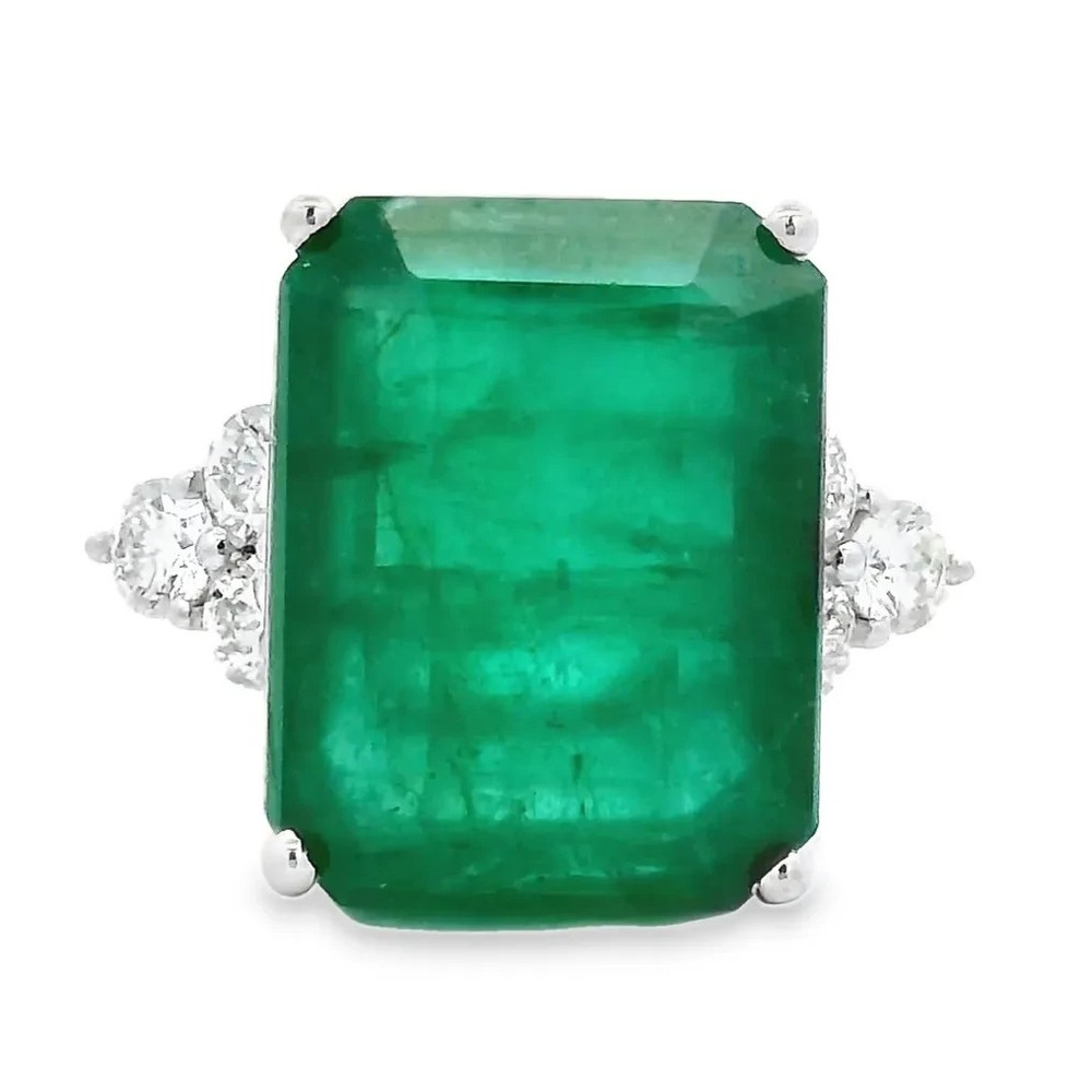 IGI Certified 10.55ct. tw. Emerald - Diamond - Zambia Ring - 14 kt. White gold
