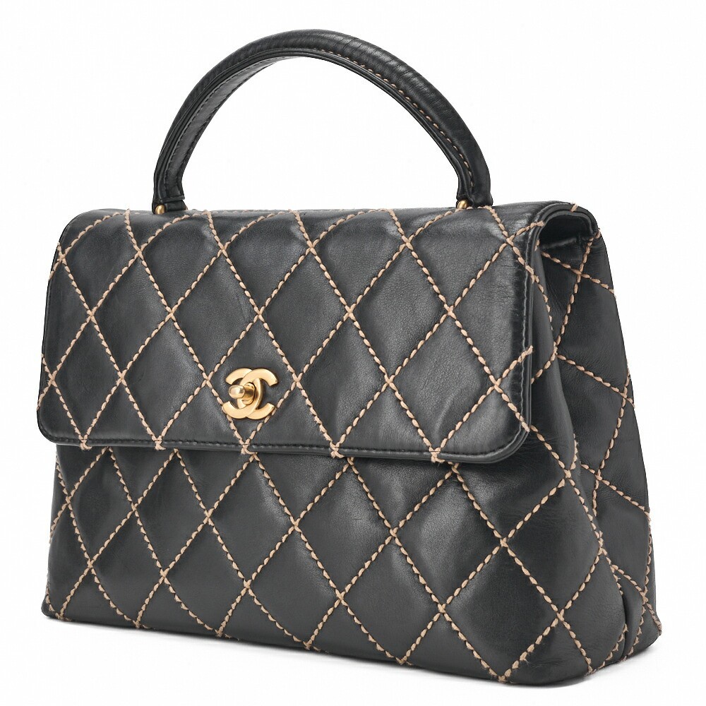 CHANEL Coco Mark Black Calfskin Wild Stitch Turn Lock Tote Bag 465144