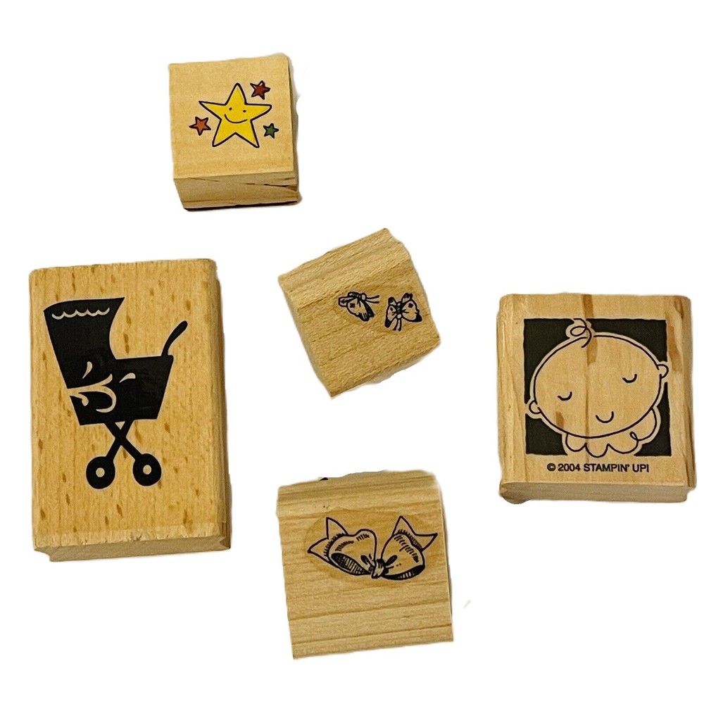 Vintage Wood Mount Rubber Stamps Lot - Baby Buggy, Bows, Butterflies, Stars - Scrapbook Shower Decor