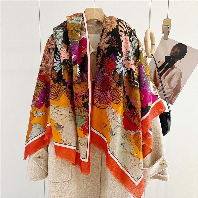 200s Pure Cashmere Scarf Shawl Soft Thin Delicate Garden Flowers 78x39 Inches  