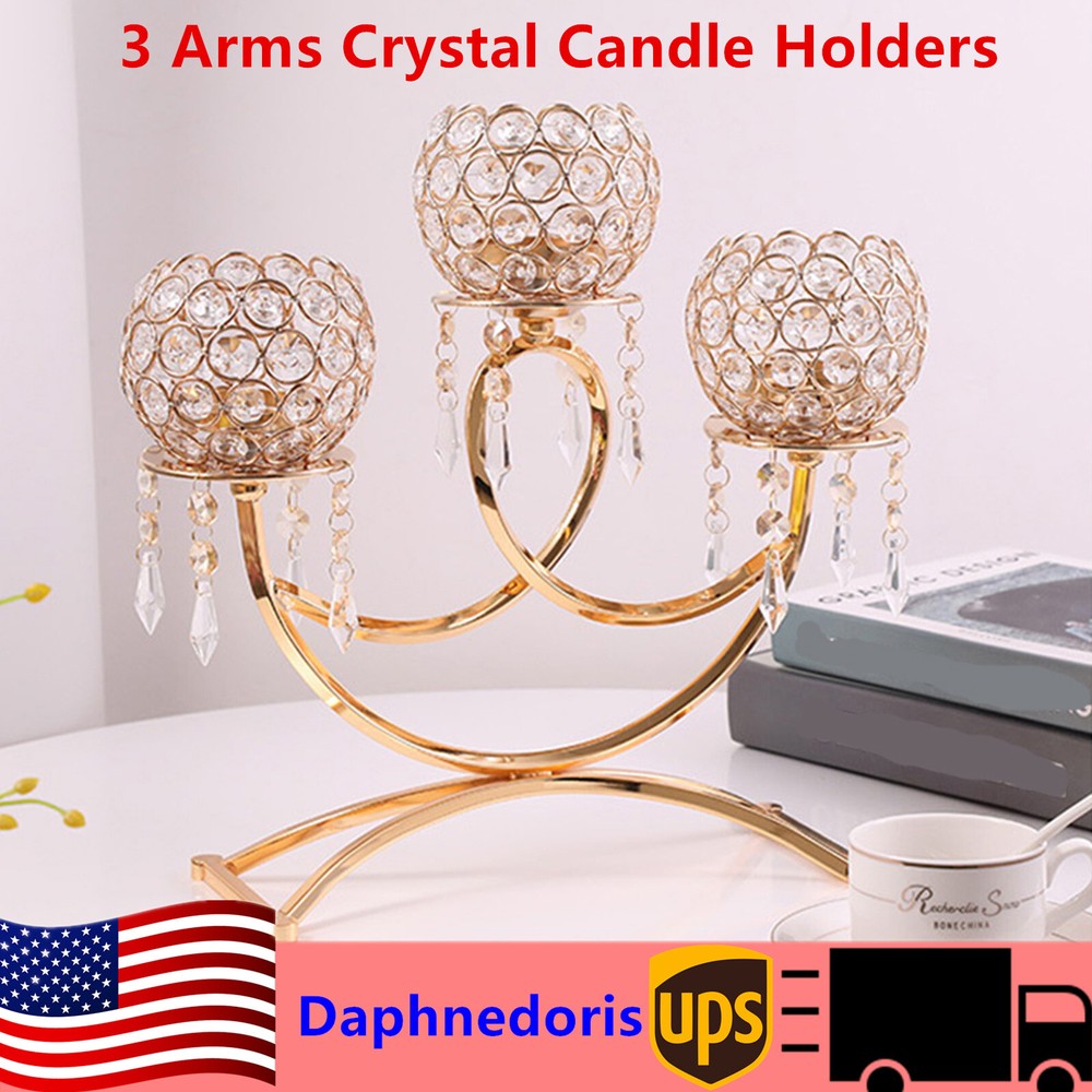 3 Arms Crystal Candle Holders for Table Centerpiece, Weddings,Dining Room Golden
