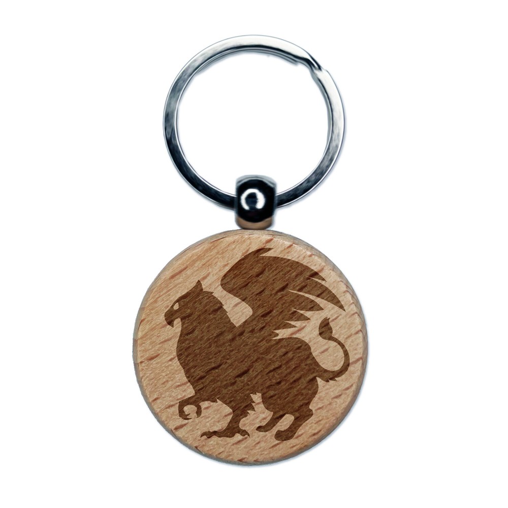 Regal Griffin Fantasy Silhouette Engraved Wood Round Keychain Tag Charm