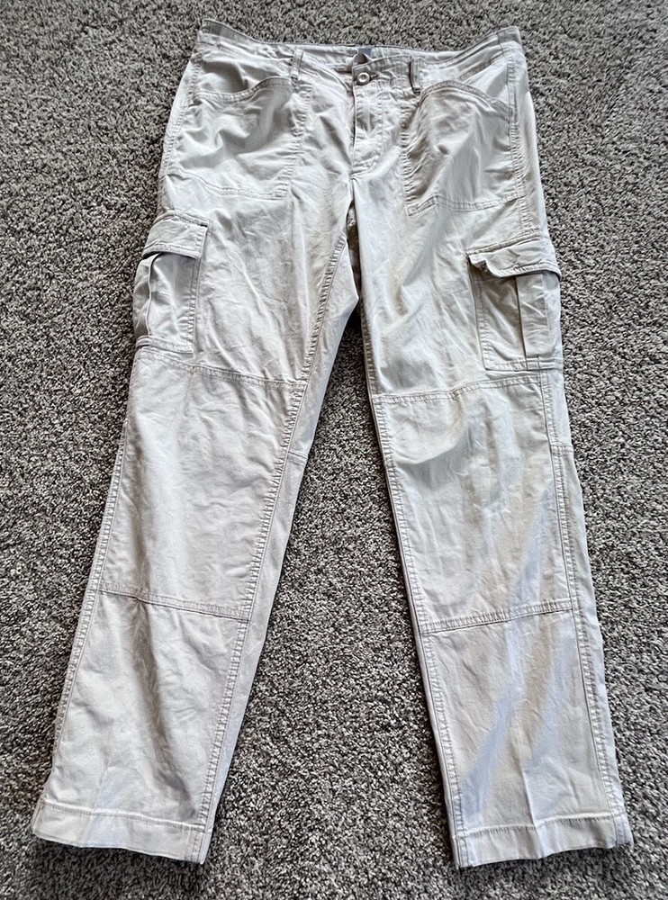 LL Bean Cargo Pants Womens 14 Tan Canvas Mid Rise Straight Leg Cotton Stretch