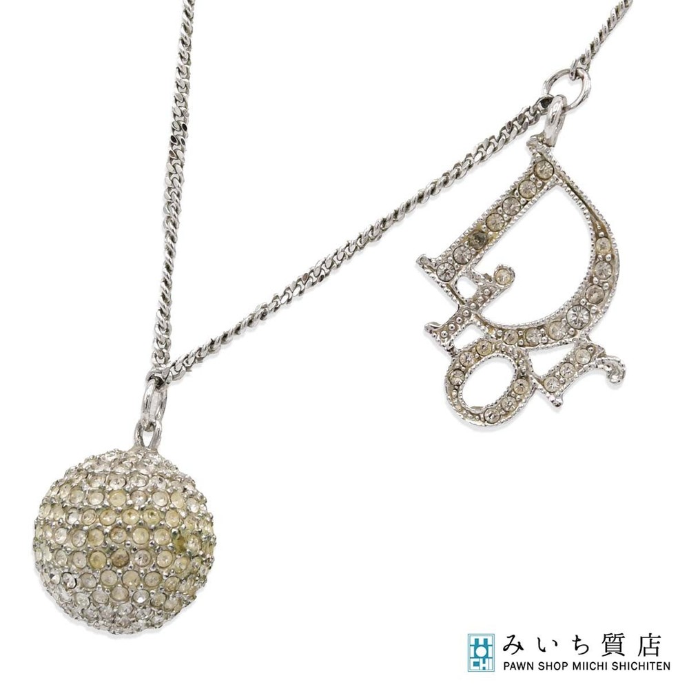 Dior Christian Logo Rhinestone Ball Necklace Silver Women Gift with Box
