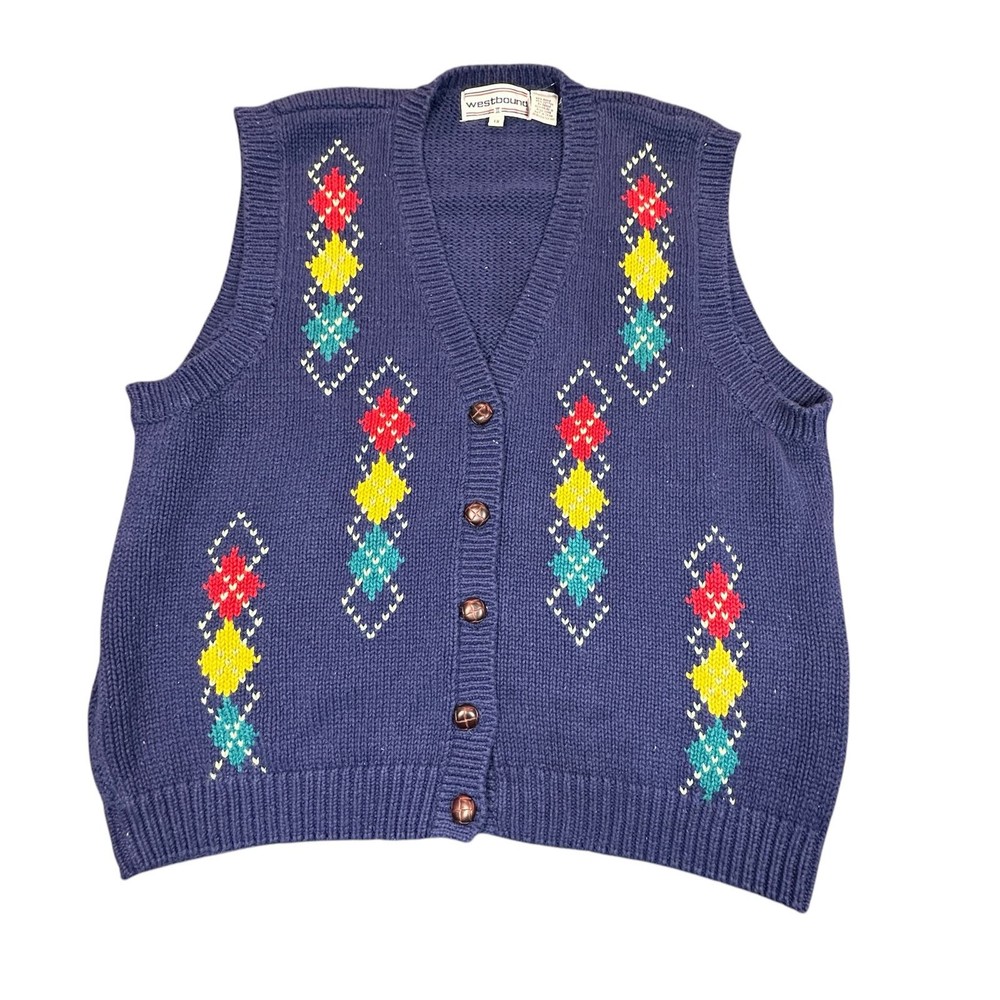Westbound Vintage Sweater Vest Womens 1X Blue Sleeveless Button Front V Neck