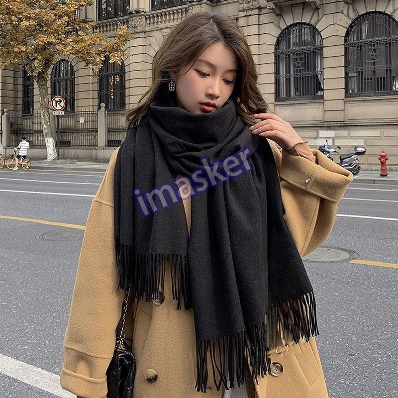 Cashmere Scarf for Women Solid Color Thick Warm Tassel Shawl