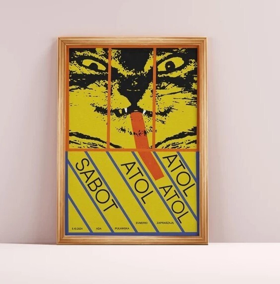 Crazy cat with long tongue, original polish gig poster, SABOT, ATOL, concert
