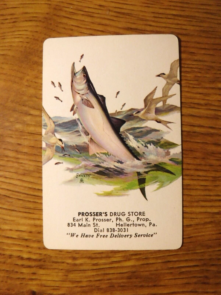 MID 1900'S VINTAGE PLAYING CARD SWAP COUPON WITH FISH JUMPING OUT OF THE WATER-image