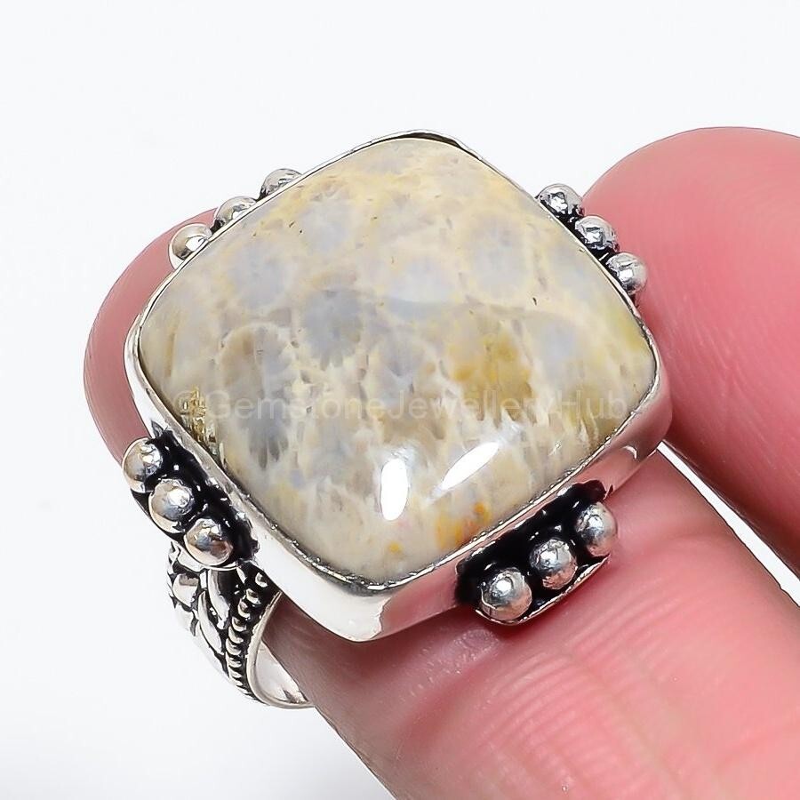 Christmas Sale Fossil Coral Gemstone 925 Silver Daughter Statement Handmade Ring-image