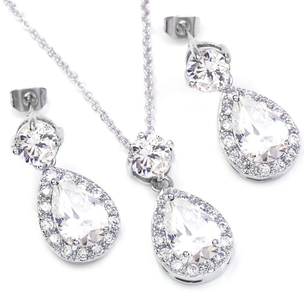 FC JORY Silver White Gold GP Multi-Color Crystal Teardrop Necklace and Earrings Set for Elegant Style