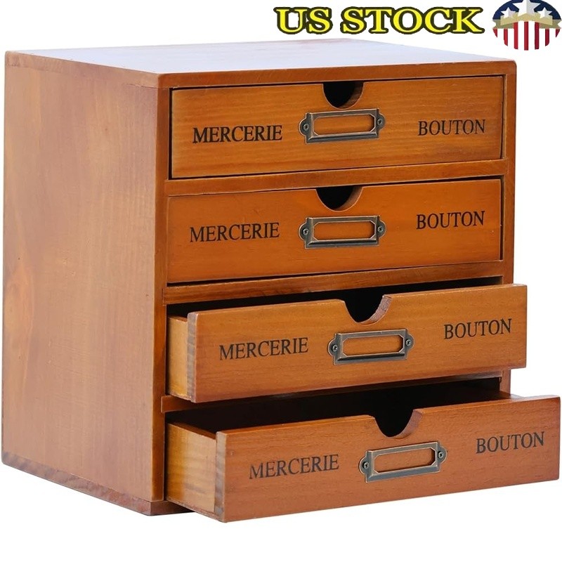 Vintage Desktop Wood Storage Box Organizer W/ Drawers Office Craft Supplies New