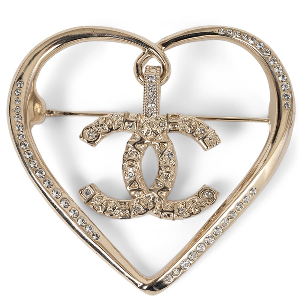 71688 auth CHANEL  gold & strass 21P CC PENDENT HEART Brooch