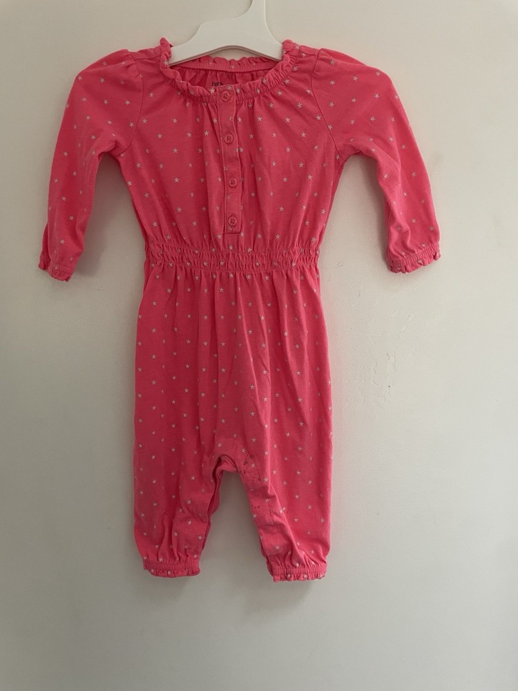 baby Gap Girl Allover Stars Cotton Cinched Waist Long Sleeve Jumpsuit Pink 6-12M
