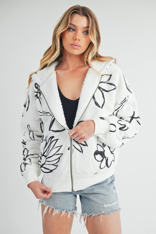 Aemi Co Floral Print Sherpa Zip Up Hoodie for Women