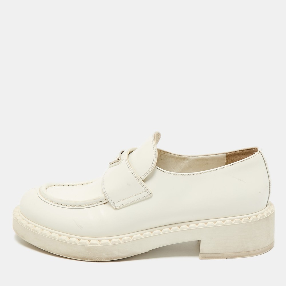 Prada White Leather Logo Plaque Slip-On Loafers Size 39.5 EU