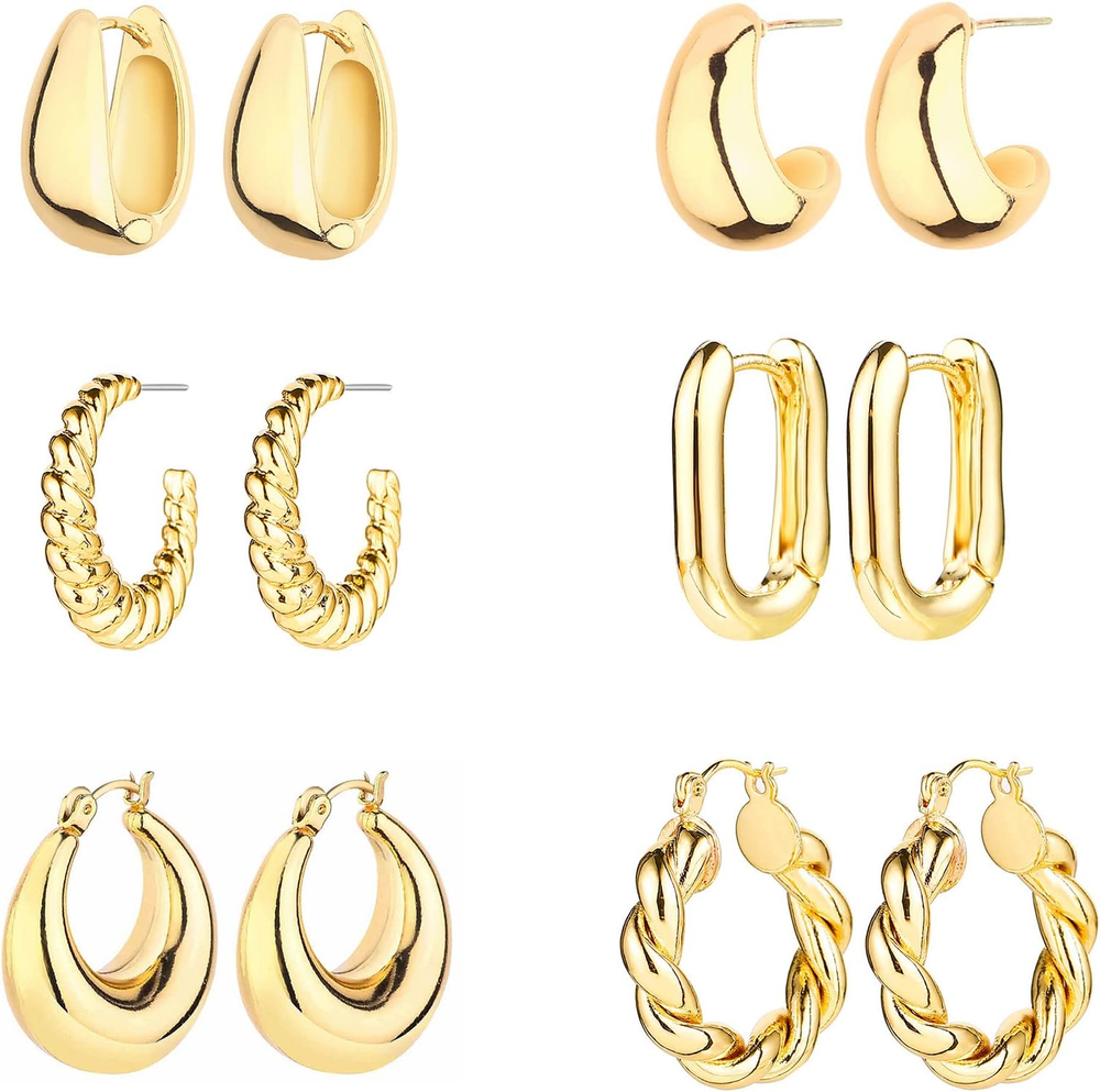 14K Gold Hoop Earrings Set, 6 Pairs Chunky Huggie & Twisted Earrings for Women,