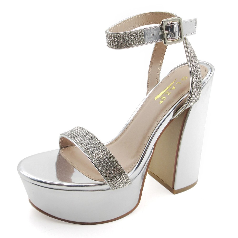 Glaze Women Platform Sandal Rhinestone Ankle Strap Metallic Block Heel 5.5 Inch