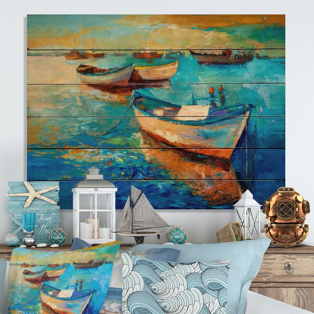 Designart 'Boats In Sea Painting' Nautical & Coastal Wood