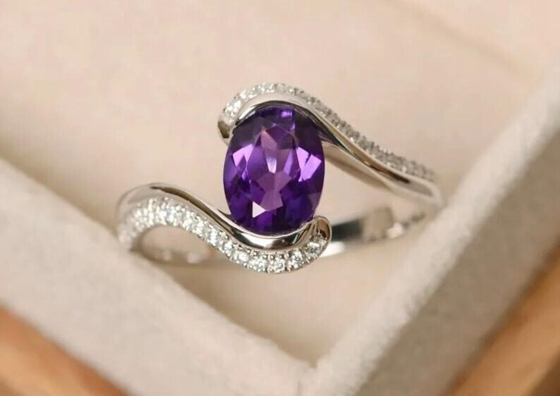 3.10Ct Oval Simulated Amethyst 14k White Gold Plated Bypass Promise Ring