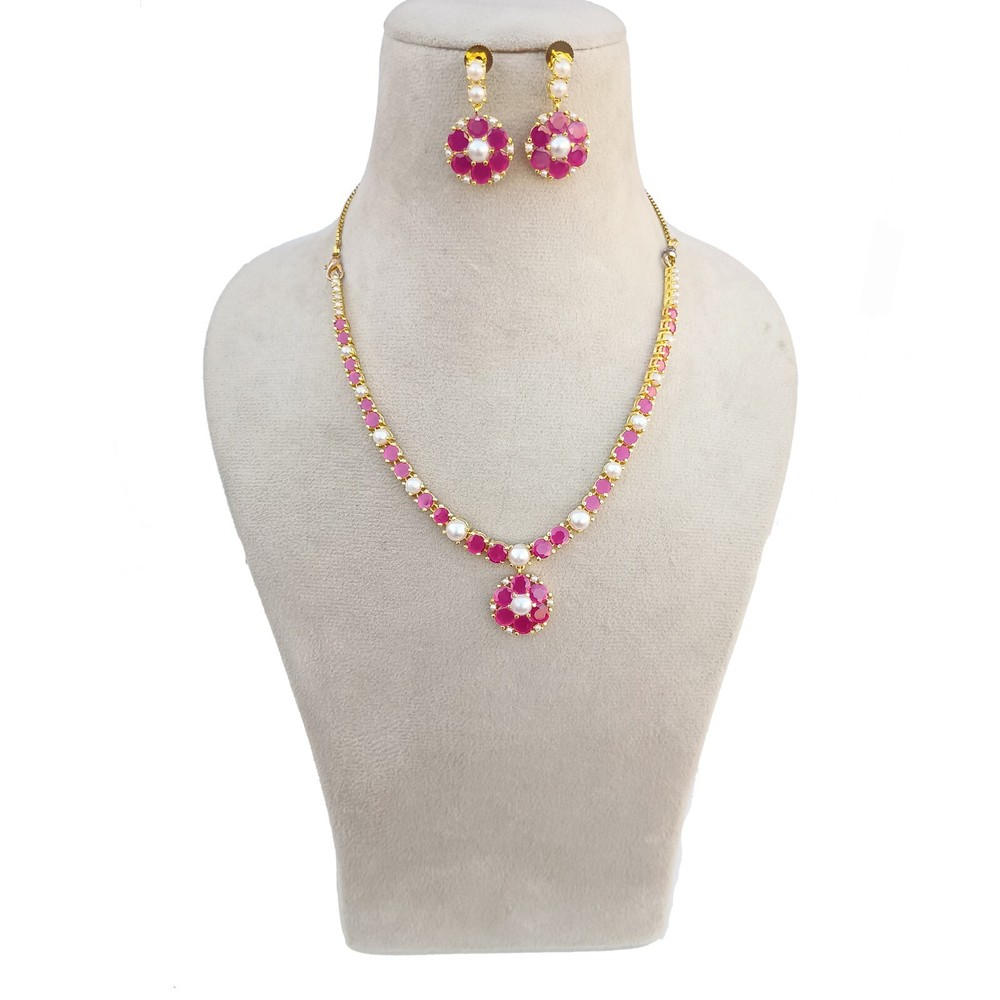 Ruby & Pearl Gemstone Necklace , Gold plated South Indian Necklace Gifts For Her