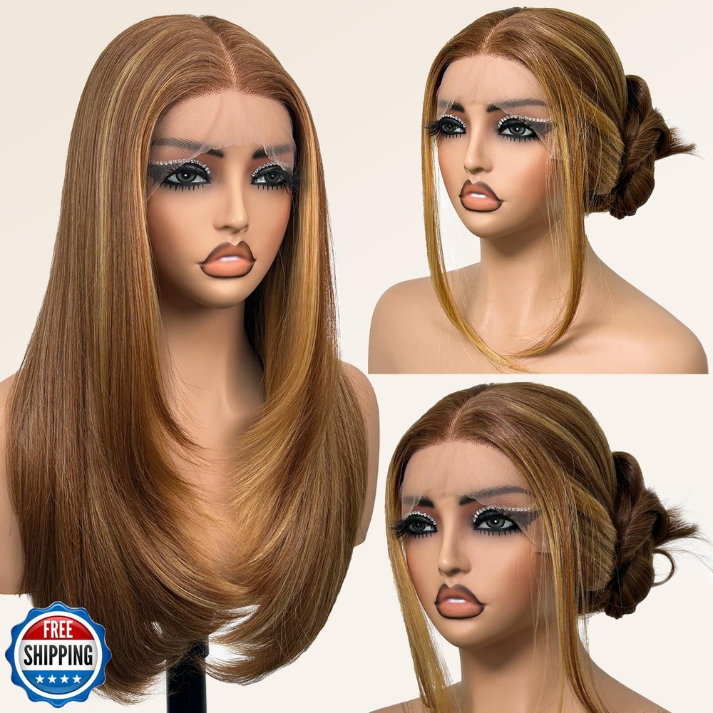 26-Inch Glueless Synthetic Lace Front Wig Straight Honey Blonde Hair