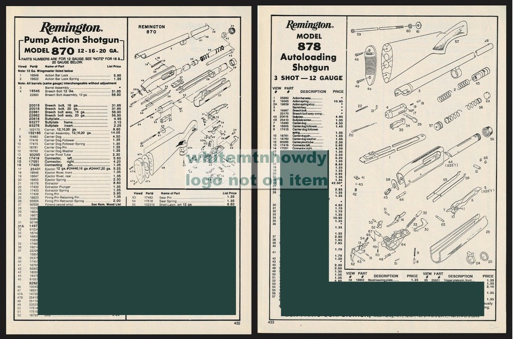 1994 REMINGTON 870 Pump 878 Autoloading Shotgun Schematic 2-side Parts List AD