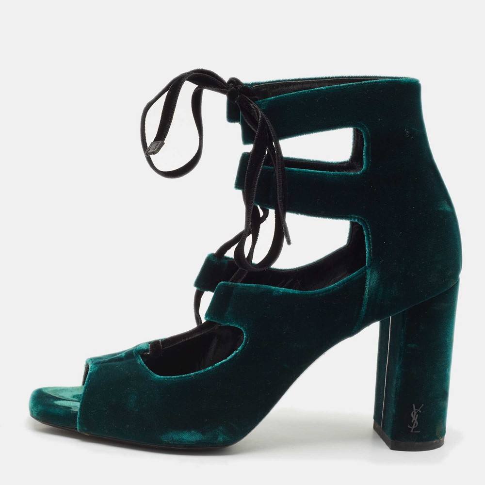 Saint Laurent Dark Green Velvet Loulou Lace-Up Block Heel Pumps